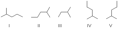 Which of the following skeletal line structures represent the same molecule?   A)  I and II B)  II and III C)  I, II, IV, and V D)  IV and V E)  II, IV, and V