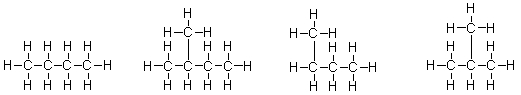 Which structures are straight chain hydrocarbons?   I II III IV A)  I only B)  II and IV C)  II, III, and IV D)  I and III E)  All of these molecules have a straight chain.