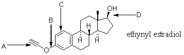 Ethynyl estradiol, a synthetic hormone, is a common component of birth control pills. Which bond in ethynyl estradiol is an alkyne?   A)  A B)  B C)  C D)  D E)  A and C