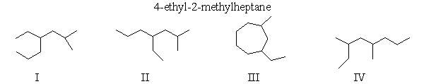 Which of the following structure(s)  is represented by the following IUPAC name?   A)  II only B)  I and II C)  I, II, and IV D)  II and III E)  All of these are 4-ethyl-2-methylheptane.