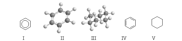 Which of the following structures represent benzene?   A)  II and IV B)  I, II, and IV C)  III and V D)  All of them except V E)  All of them