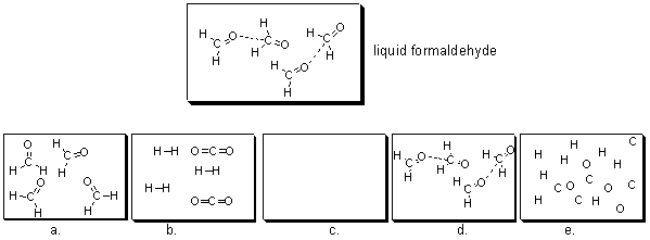 Formaldehyde, a common preservative, is shown in the illustration below. If liquid formaldehyde is boiled, which of the following choices best depicts how formaldehyde looks in the resulting vapor?   A) a B) b C) c D) d E) e