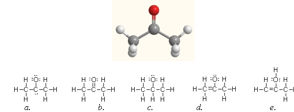 Acetone, shown here, is a common solvent and component of fingernail polish remover. Which of the following Lewis structures is acetone?   A) a B) b C) c D) d E) e