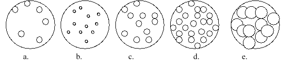 Imagine that you have a beaker of gas molecules. A small volume of the gas in the beaker is enlarged so you can see the gas particles. If all of the gas in the beaker A is transferred to a new beaker half the size of the original beaker, while maintaining the same temperature, which magnified view best represents what the gas would look like?     A) a B) b C) c D) d E) e