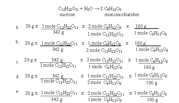 The steps for performing stoichiometry calculations are diagramed below:   According to these steps, which of the following equations would allow you to calculate the yield of monosaccharides when 28 g of sucrose is broken down as shown in the following equation?   A) a B) b C) c D) d E) e