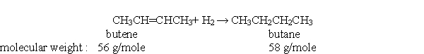 According to the balanced chemical equation below, if you react 3.0 mole of butene with 3.0 mole of hydrogen, how many moles of butane would you expect to get?   A)  0.0 moles B)  1.0 mole C)  2.0 moles D)  3.0 moles E)  6.0 moles