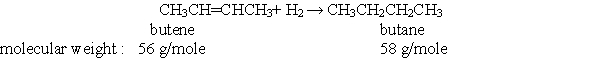 According to the balanced chemical equation below, if, you react 28 grams of butene with excess hydrogen, how many grams of butane would you expect to get?   A)  0.0 g B)  29 g C)  58 g D)  112 g E)  116 g