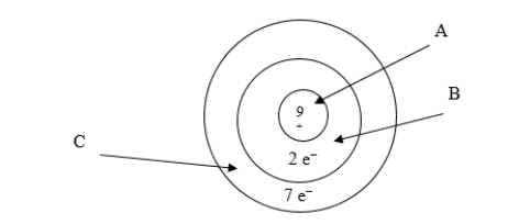 Below is an illustration of an atom of fluorine. Which arrow points to the part of the atom involved in bonding?     A)  A B)  B C)  C D)  Both B and C E)  None of the above are involved in bonding.