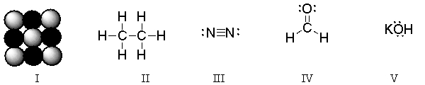 Which of these structures is a diatomic molecule?   A)  I B)  II C)  III D)  IV E)  V