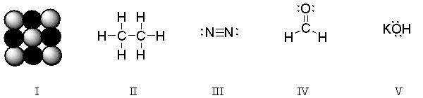 In which of the structures are six electrons being shared between two atoms?   A)  I B)  II C)  III D)  IV E)  V