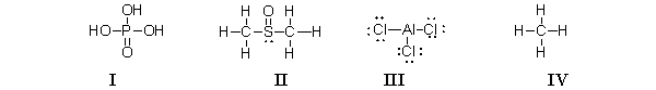 Which of the molecules below contain an atom with an expanded octet?   A)  I and II B)  III only C)  IV only D)  I, II, and III E)  All of these molecules have an expanded octet.