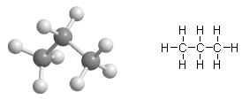 What feature of a molecule is illustrated by the ball-and-stick model of ethane on the left that is not illustrated by the Lewis dot structure on the right?   A)  Nothing, these models illustrate the same thing. B)  the bonds C)  the types of atoms D)  the three-dimensional shape of the molecule E)  the core electrons