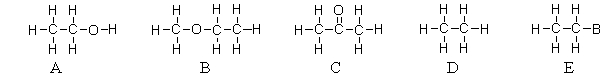 Which of these molecules exhibits dipole-dipole forces but cannot hydrogen bond with like molecules?   A)  B only B)  A, B, and C C)  B, C, and E D)  A, B, C, and E E)  D only