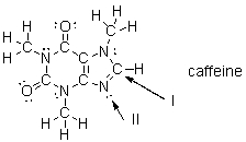 What is the molecular shape of the carbon indicated with arrow I in this structure of caffeine?   A)  bent B)  trigonal planar C)  trigonal pyramidal D)  tetrahedral E)  linear