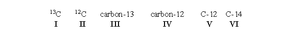 <strong>An atom of carbon containing 7 neutrons can be written which of the following ways? All of the choices are correct.</strong> A) II, IV, or V B) I, III C) I, II D) III, IV