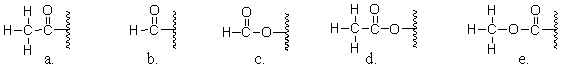 Which of the following molecules is an acetyl group?   A) a B) b C) c D) d E) e