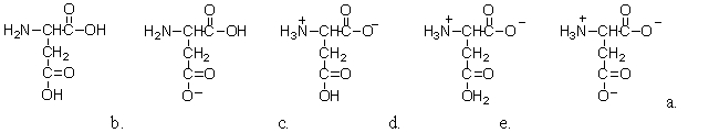 <strong>Aspartic acid has a side chain that contains a carboxylic acid. At physiological pH, what do you expect the structure of aspartic acid to look like? </strong> A)a B)b C)c D)d E)e