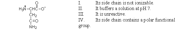 <strong>The following amino acid is classified as polar neutral. Which of the following statements best describes why it is classified this way? </strong> A) II only B) III an IV C) I and IV D) I and II E) III only
