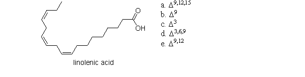Which of the following choices correctly numbers linolenic acid (shown below)  using the delta system?   A)  a B)  b C)  c D)  d E)  e