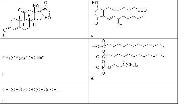 Which of the following molecules is an eicosanoid?   A)  a B)  b C)  c D)  d E)  e