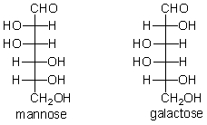 The structures of mannose and galactose are given below. What is the relationship between these two monosaccharides?   A)  They are identical. B)  They are constitutional isomers. C)  They are diastereomers. D)  They are enantiomers. E)  They are conformers.