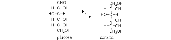 Sorbitol is a sweetener often used in chewing gum and diet drinks. It is obtained by the following reaction. Is glucose oxidized or reduced during the reaction?   A)  It is oxidized. B)  It is reduced. C)  It is neither oxidized nor reduced. D)  It is both oxidized and reduced. E)  Many different reactions occur.