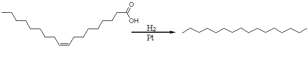 The following reaction is the hydrogenation of an unsaturated fatty acid. Which of the following choices best describe molecules A and B?   A)  Both A and B are fats. B)  Both A and B are oils. C)  A is a fat and B is an oil. D)  A is an oil and B is a fat. E)  A is an oil and B is a trans-fat.