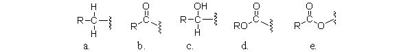 Which of the following partial structures is an acyl group?   A) a B) b C) c D) d E) e