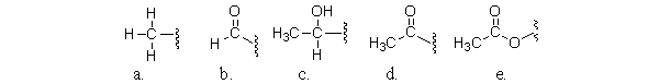 Which of the following partial structures is an acetyl group?   A) a B) b C) c D) d E) e
