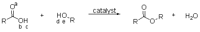 The reaction of a carboxylic acid and an alcohol in the presence of a catalyst produces an ester and a molecule of water. Which of the labeled atoms below are involved in making the molecule of water?   A)  a and d B)  b and d C)  b, c, and d D)  a, c, and d E)  c, d, and e
