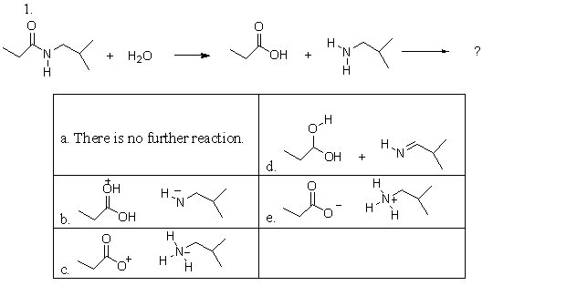 An amide is hydrolyzed as is shown in the following reaction. After it is hydrolyzed, it undergoes another reaction. Which of the following choices represent the products of this further reaction?   A) a B) b C) c D) d E) e