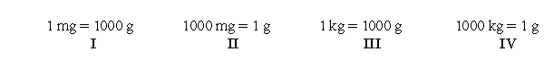 Which of the following unit conversions are useful when converting 312 mg to kilograms?   A)  I and III B)  II and IV C)  I and IV D)  II and III E)  All of them are useful.