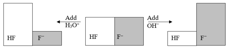 The following figure illustrates the action of a HF and F<sup>-</sup> buffer where the sizes of the boxes are proportional to the concentrations of HF and F<sup>-</sup> in solution.If you add hydronium until all of the F<sup>-</sup> is converted into HF and then add a little more hydronium, what is observed?   A)  The pH increases. B)  The pH decreases. C)  The pH stays the same. D)  The solution will be neutralized. E)  The pH changes, but it is not possible to determine how it will change.