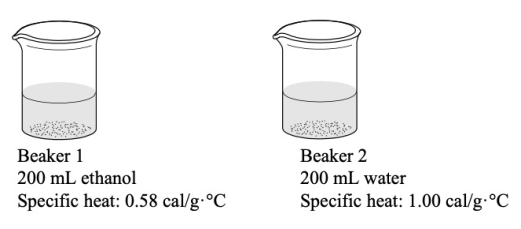 The two beakers below each have added to them the same amount of heat energy.Which statement BEST describes what would happen to the temperatures of the two beakers?   A)  The temperature of the two beakers will remain the same. B)  The temperatures of the two beakers will increase by the same amount. C)  The temperature of beaker 1 will increase more than that of beaker 2. D)  The temperature of beaker 2 will increase more than that of beaker 1. E)  It is not possible to predict how the temperature of the beakers will change.