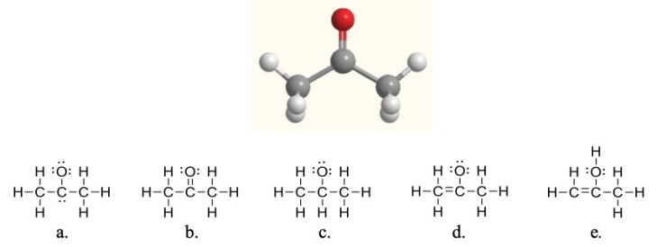 Acetone, shown here, is a common solvent and component of fingernail polish remover.Which of the following Lewis structures is acetone?   ​ A)  structure a B)  structure b C)  structure c D)  structure d E)  structure e
