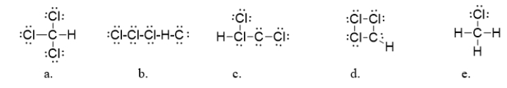 Chloroform (CHCl<sub>3</sub>) is an anesthetic and is also used in the synthesis of ozone-damaging refrigerants called CFCs.What is the correct Lewis dot structure for chloroform?   A)  structure a B)  structure b C)  structure c D)  structure d E)  structure e