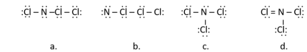 Nitrogen trichloride, once used as a bleaching agent, causes neurological disorder and was banned in 1949.Which of the following is a correct Lewis structure for nitrogen trichloride (NCl<sub>3</sub>) ?   A)  structure a B)  structure b C)  structure c D)  structure d