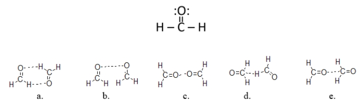 Which figure BEST illustrates how two molecules of formaldehyde (CH<sub>2</sub>O) interact?   A)  structure a B)  structure b C)  structure c D)  structure d E)  structure e