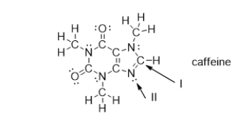 What is the molecular geometry of the atoms bonded to the nitrogen atom indicated with arrow II?   A)  bent B)  trigonal planar C)  trigonal pyramidal D)  tetrahedral E)  linear