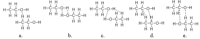 Which figure BEST illustrates how two molecules of ethanol interact?   A)  structure a B)  structure b C)  structure c D)  structure d E)  structure e