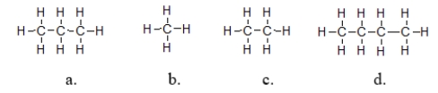 Which molecules exhibit the strongest intermolecular forces of attraction?   A)  structure a B)  structure b C)  structure c D)  structure d E)  They all have the same strength of intermolecular force because they are all nonpolar molecules