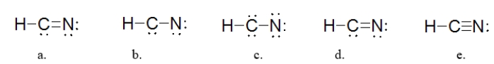 Which is the BEST Lewis structure for a molecule with the formula HCN?   A)  structure a B)  structure b C)  structure c D)  structure d E)  structure e