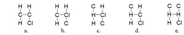 What is the most likely arrangement of the atoms in chloroethylene (C<sub>2</sub>H<sub>3</sub>Cl) ?   A)  structure a B)  structure b C)  structure c D)  structure d E)  structure e