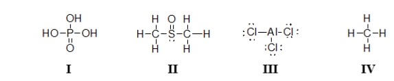 Which of the molecules below contain an atom with an expanded octet?   A)  I and II B)  III only C)  IV only D)  I, II, and III E)  All of these molecules have an expanded octet.