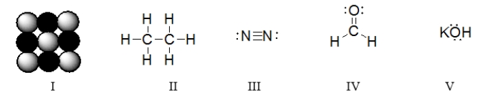 Which of these structures represent ionic compounds?   A)  I and III B)  I and IV C)  IV and V D)  II and IV E)  I only