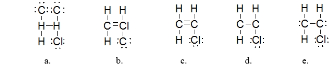 Which is the BEST Lewis structure for a molecule with the formula C<sub>2</sub>H<sub>3</sub>Cl?   A)  structure a B)  structure b C)  structure c D)  structure d E)  structure e