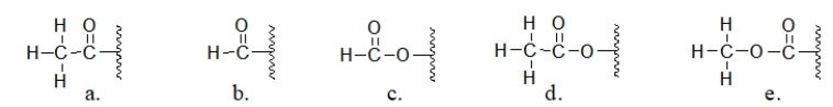 Which molecule is an acetyl group?   A)  molecule a B)  molecule b C)  molecule c D)  molecule d E)  molecule e