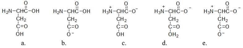 <strong>Aspartic acid has a side chain that contains a carboxylic acid.At physiological pH, what is the structure of aspartic acid? </strong> A) structure a B) structure b C) structure c D) structure d E) structure e