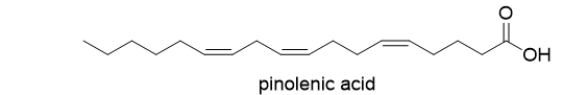 Which choice correctly numbers pinolenic acid (shown below) using the delta system?   A)  Δ<sup>5,9,12</sup> B)  Δ<sup>5</sup> C)  Δ<sup>6</sup> D)  Δ<sup>6,9,13</sup> E)  Δ<sup>9,12</sup>