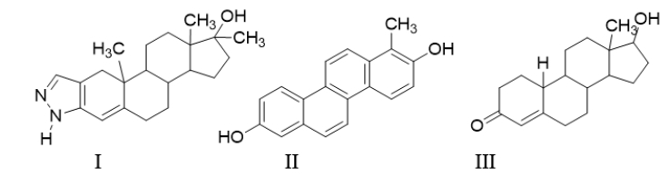 <strong>Which of the following molecules are anabolic steroids? </strong> A) All of these are anabolic steroids. B) Both II and III are anabolic steroids. C) Only III is an anabolic steroid. D) Both I and III are anabolic steroids. E) None of these are anabolic steroids.